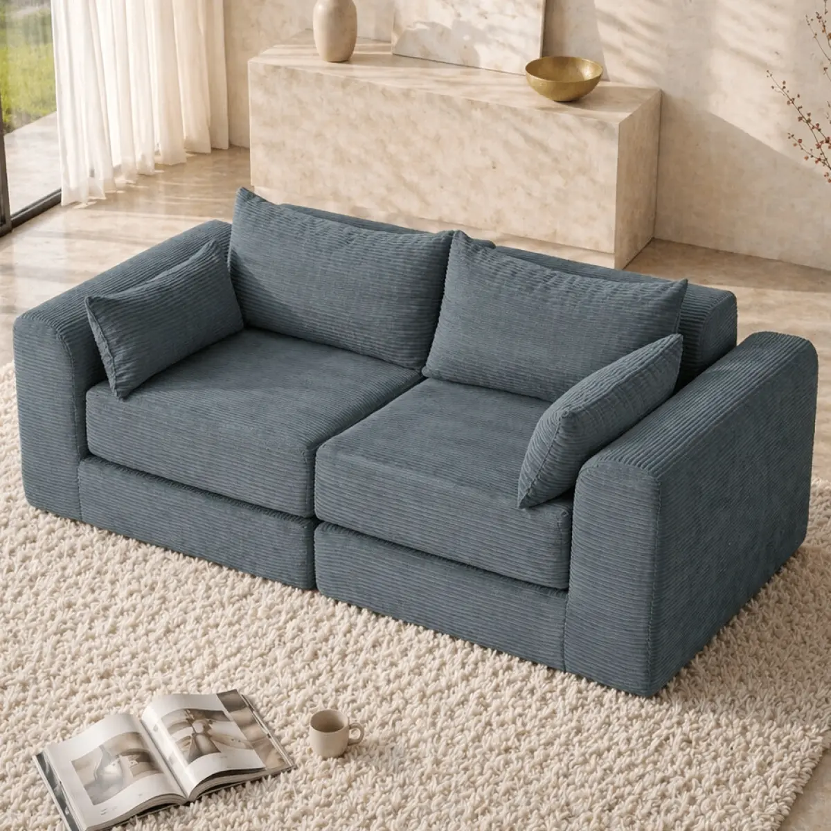 71inch-Modular 2-Seater Double Sofa, 2-Tier Design DIY Assemble Multi Layout Couch for Living Room,Corduroy,Grey