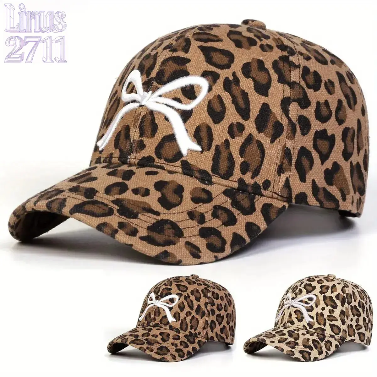 HavenThread Unisex Cotton Leopard Print Baseball Cap - Bow-Embroidered, Adjustable, Sun-Protective Cotton Embroidered Cap for Women, Embroidered Snapback Hat for Travel, Beach, Cotton Embroidered Caps