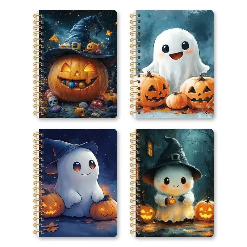 Halloween Cute Ghost Pumpkin A6 Coil Notebook, Lined Writing Paper, 80 Sheets (160 Pages), Smooth Writing, Ink-Proof, Portable Memo Book