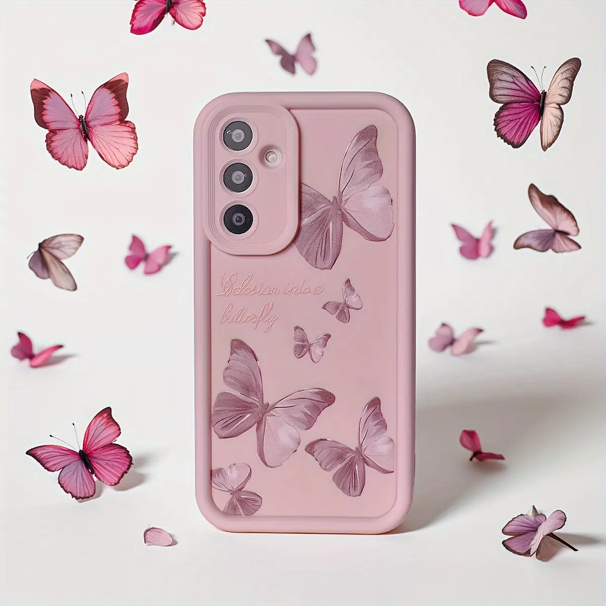 Dark Pink Butterfly 2D Printed Silicone Case for Samsung Galaxy Series (S26, S24 Plus/S24+, S25, S23, S22, S21 Ultra/FE, Note20, A54, A53, A52, A36, A35, A34, A33, A17, A16, A15, A14, A13) - Soft TPU, Shockproof, Full Body Camera Lip Protection Cover