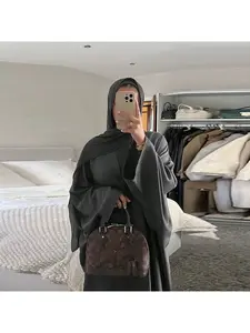 mq116  1Pc Solid Black Gathered Neck Open Abaya, Women Casual Wide Sleeve Long Kimono Robe, High‑End Modest Wear For Daily Street & Leisure Occasions