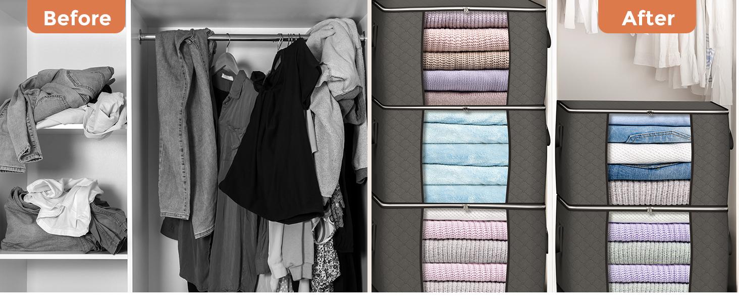 Large Storage Bags, 4 Pack Clothes Storage Bins Foldable Closet Organizers Storage Containers with Durable Handles Thick Fabric for Blanket Comforter Clothing Bedding 90 L (Gray)