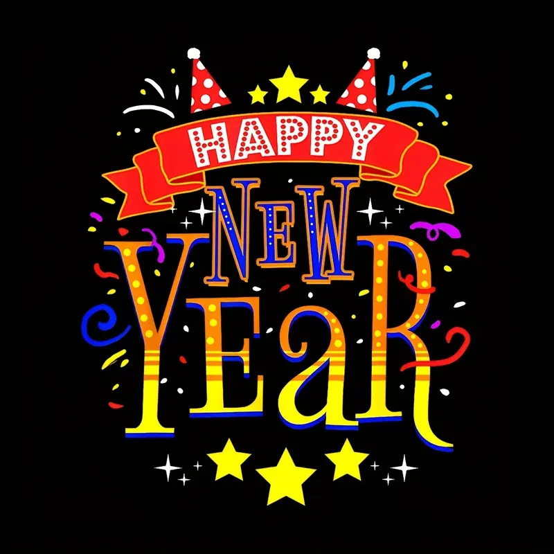Set of 4 vinyl Happy New Year stars heat transfer patches, durable heat transfer stickers, suitable for DIY clothing, hoodies, jeans, backpacks, jackets, handbags, pillows