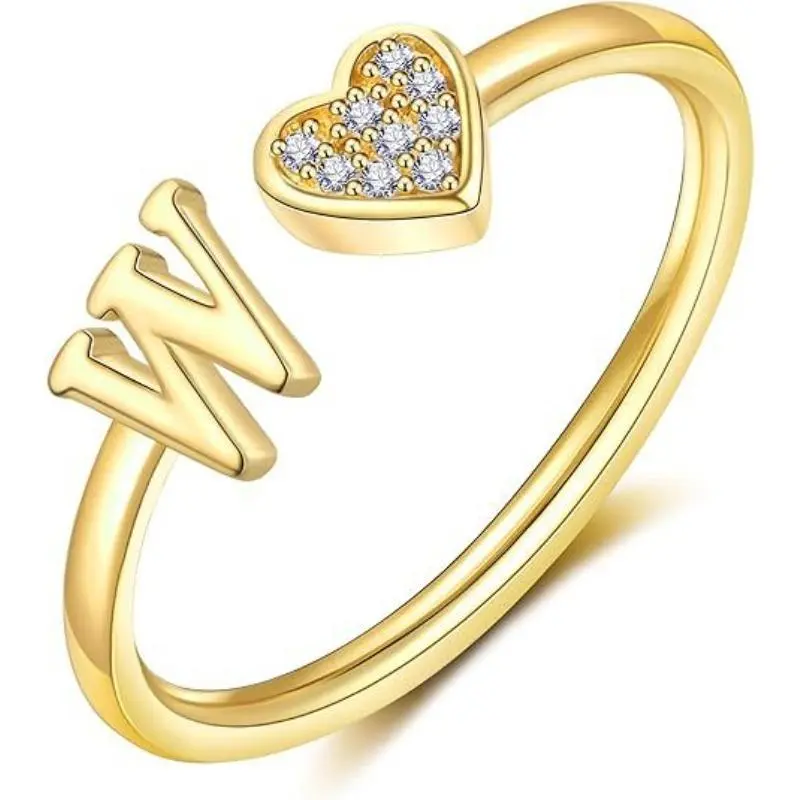 14K Gold Plated Adjustable Letter Rings - Shiny Cubic Zirconia Charm Heart Open Ring Trendy Stuff Non Tarnish Ring Birthday Gifts CZ Initial Ring Chic Stackable Ring Festivals, Birthdays, and Special Occasions