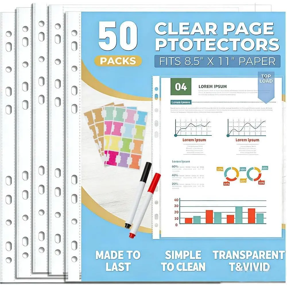 Sheet Protectors 8.5 x11 Inch with Index Tab, 50 Pack Page Protectors for 11 Ring Binder, Top Loading Plastic Sleeves, Letter Size, for Documents and Photos, Office Supplies (Clear 50 Pack)