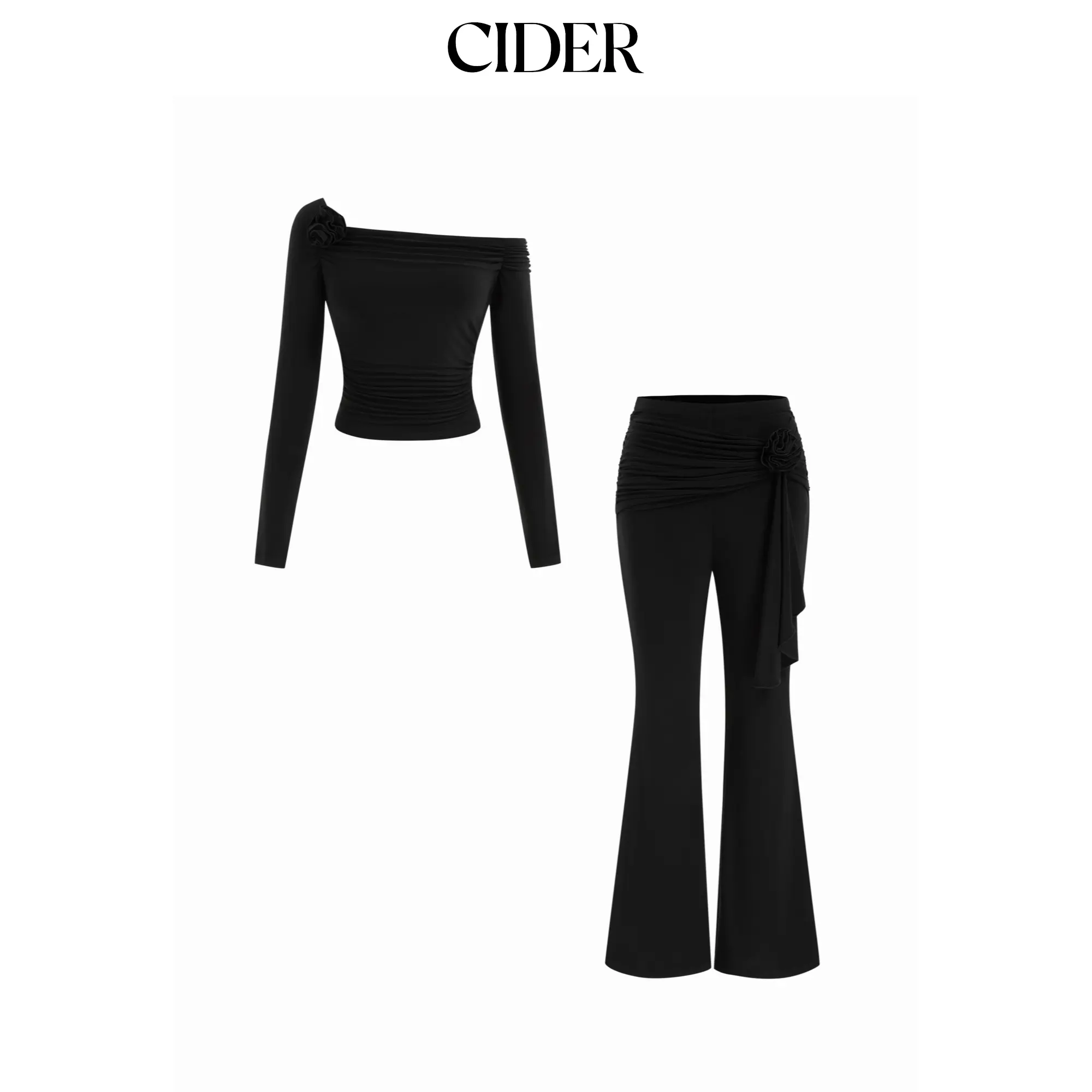 Cider Off-shoulder Ruched Top & Mid Rise Flared Trousers Set SohoChic