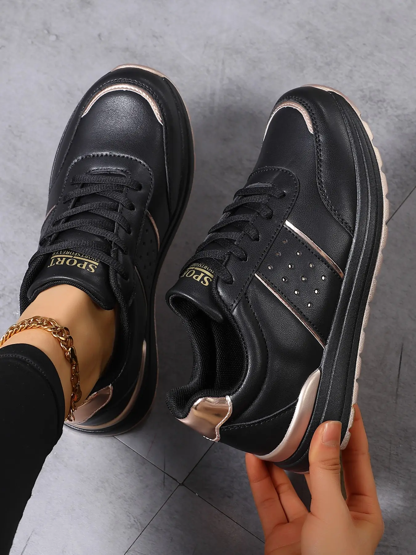 Women's Leather Rose Gold Trim Sneakers, Waterproof, Comfortable, Adjustable Laces, Ideal for Office & Daily Wear