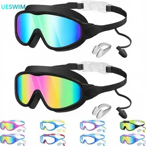 2PCSC Kids Swim Goggles with Earplugs & Nose Clip Wide View Anti-Fog UV Protection Swimming Goggles for Boys Girls Aged 3-15