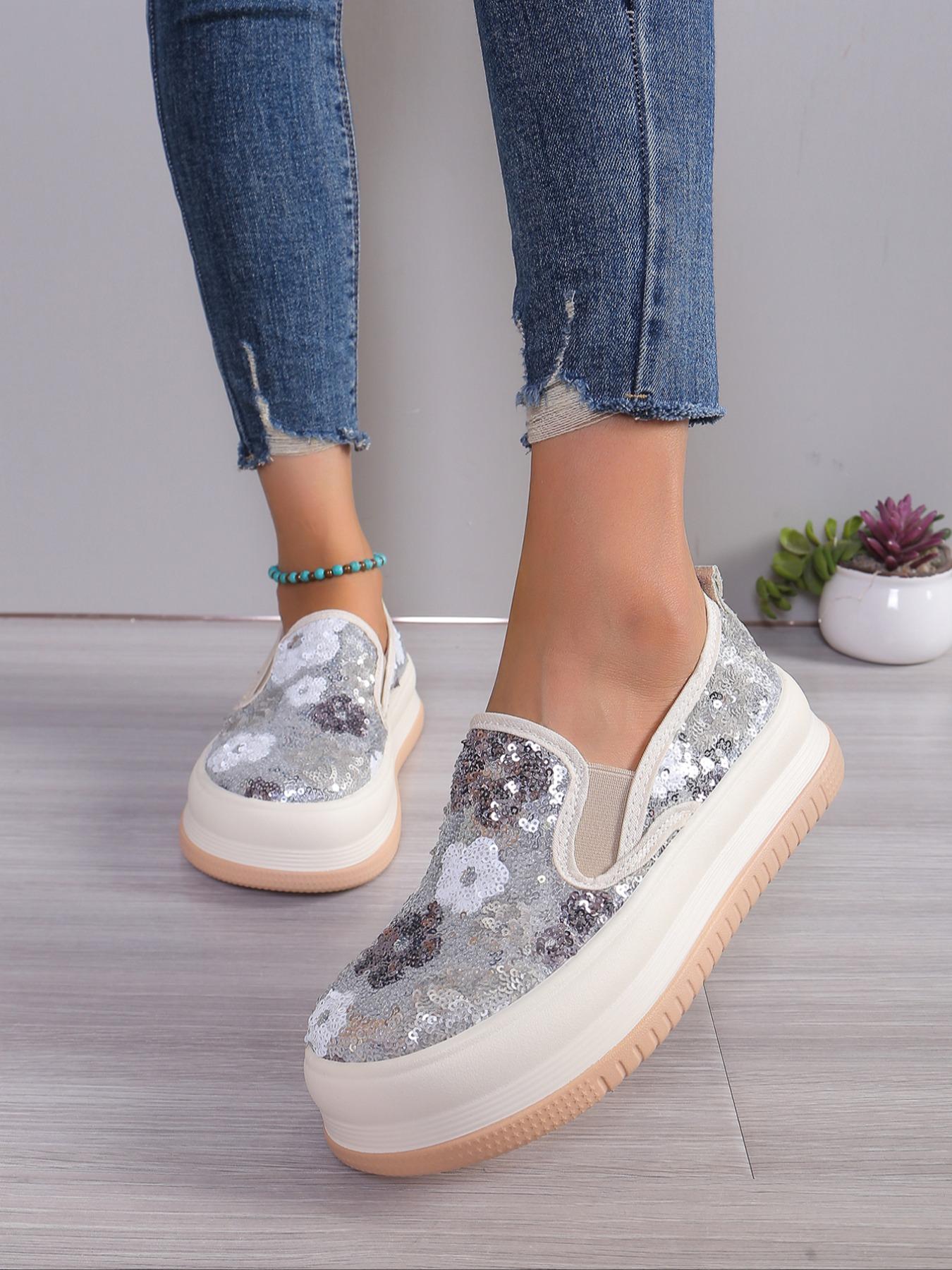 Fashionable Ditsy Floral Pattern Sequin Decorated Slip on Thick-soled Slipon Sneakers, Casual Comfortable Round Toe Low Top Shoes for Women, All-match Commuter Shoes for Work & Daily Wear