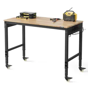 Garvee Adjustable Height Workbench 48x24 in – Solid Rubberwood Top – 6 Levels – 2000 lb Capacity – ETL Power Outlets – Swivel Casters – Pegboard & Hooks – Ideal for Garage or Woodworking Shop – Rubberwood Color