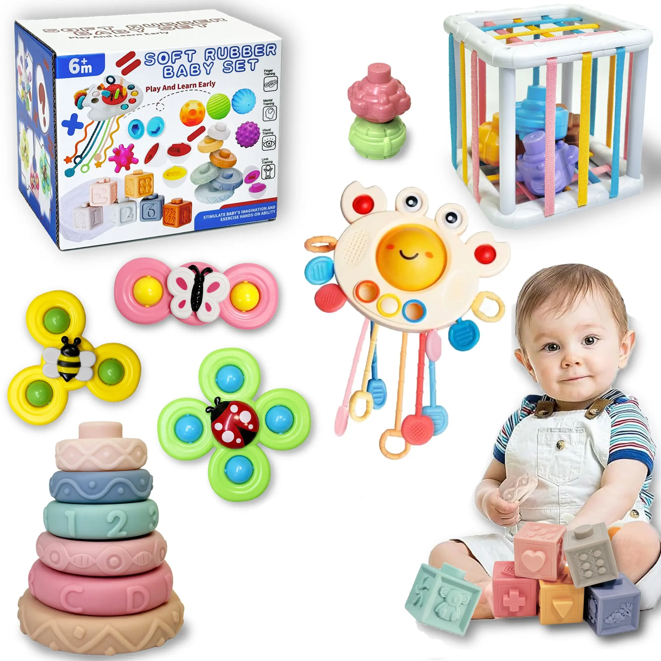 5-in-1 Baby Toys 6 to 12 Months, Montessori Toys for Babies 6-12-18 Months, Infant Teething Toy Stacking Blocks Rings Sensory Bin, Sorting Sensory Educational Learning Gift for Toddlers Aged 1-3