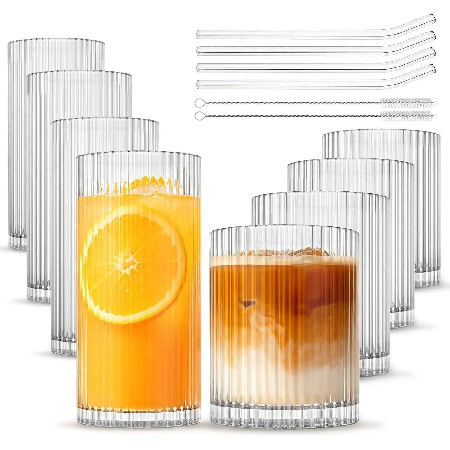 8 Pcs Vintage Ribbed Glassware Set, 4*12oz Highball Glasses & 4*14oz Rocks Cups, Ideal for Cocktail, Wine, Juice, Water, Iced Coffee, Whiskey, Mixed Drinks
