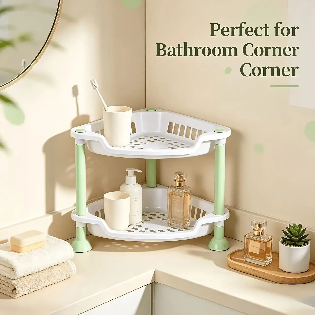 Corner Shower Rack, Two-Tier Plastic Triangular Bathroom Storage Shelf, Space-Saving Multi-Functional Organizer for Kitchen, Sink, Countertop