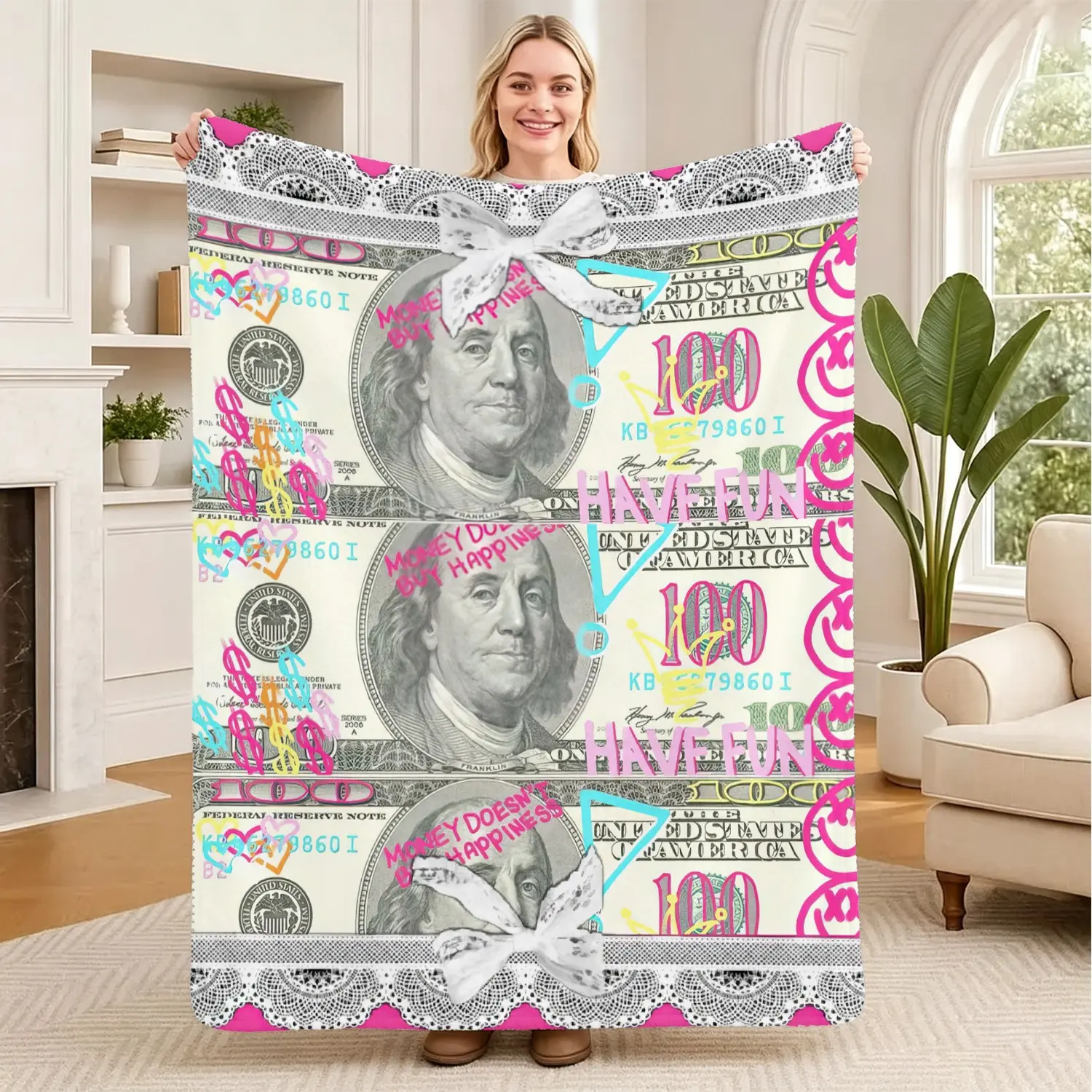 Dollar Bill Background White Lace Trim Leopard Bow Colorful Graffiti Slogan Money Graphic Print Throw Blanket, Boujee Coquette Sofa Throw & Soft Bed Blanket, Trendy Glam Girly Bedroom Decor