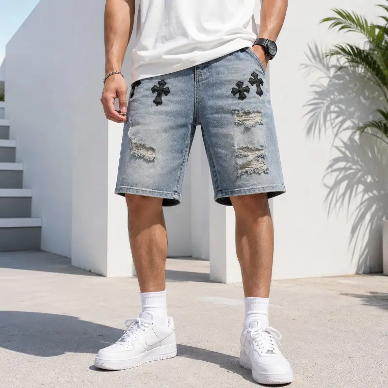 Summer new men's retro washed blue ripped denim shorts thin comfortable versatile five-point pants