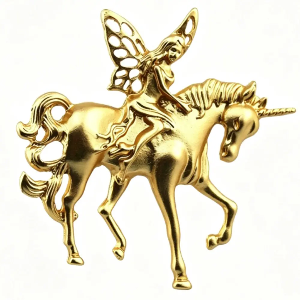 Unisex Vintage Fairy & Unicorn Brooch, Gold-Tone Alloy for Daily Wear & Gifting