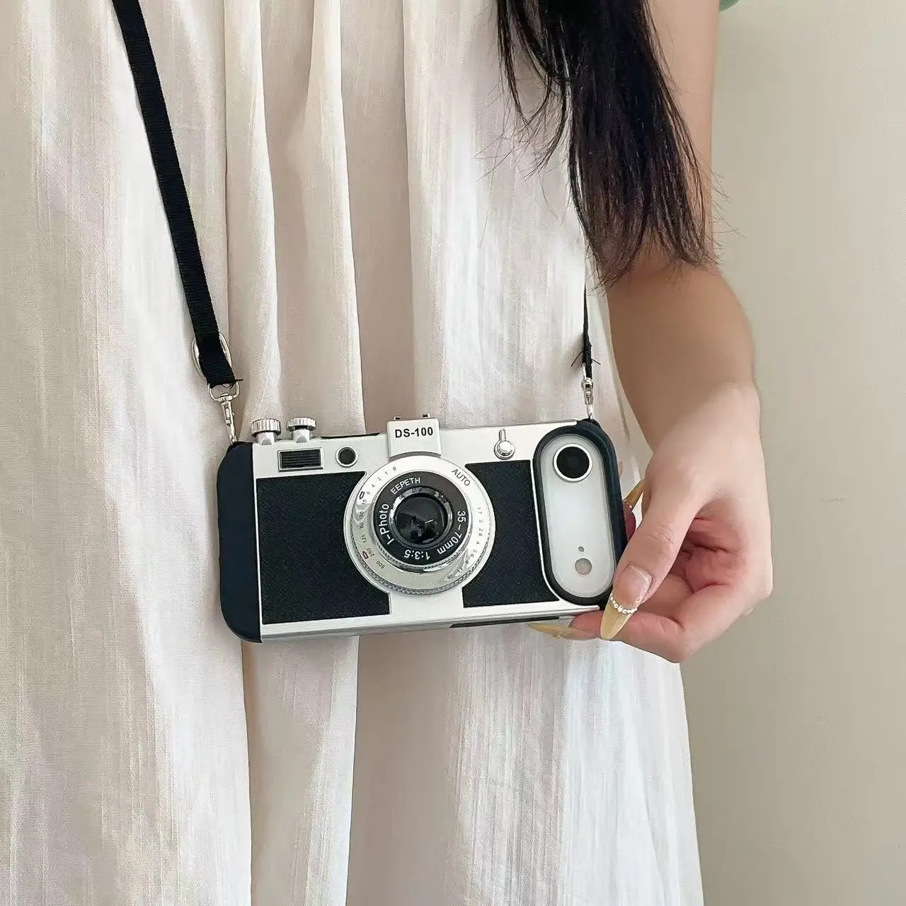 Vintage Camera Design Phone Case with Strap, Fits iPhone X to 17 Pro/max, Customizable Anti-Drop Protective Cover, Trendy and Unique Style