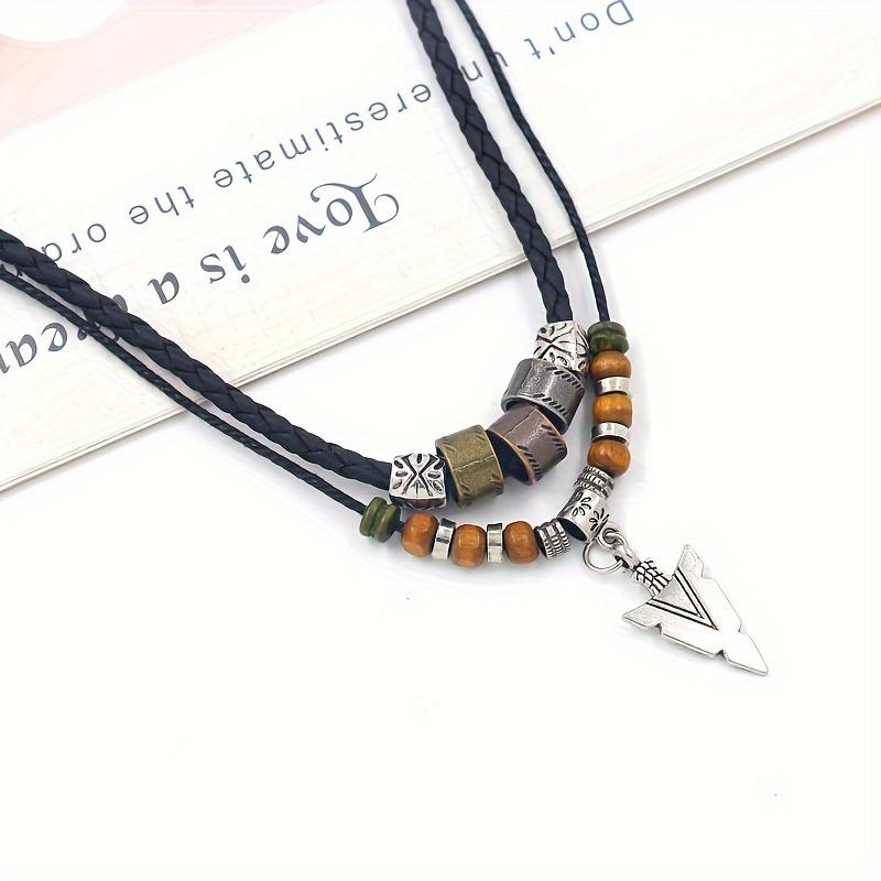 Men's Vintage PU Necklace with Tribal Arrow Pendant Layered Stacked Rope Bead Design, Beaded Jewelry Suitable for Casual & Formal Occasions, Durable for Casual Attire or Special Events