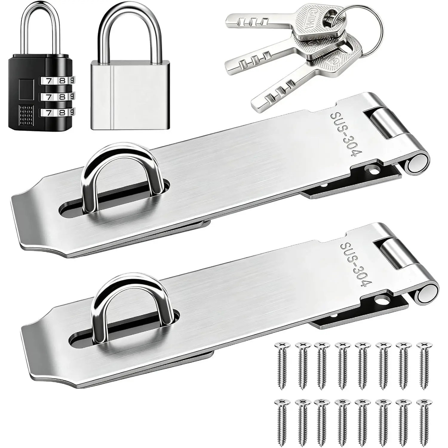 2 Pack Door Hasp Latch Lock with Combination Lock& Lock, 5 Inch 304 Stainless Steel Safety Packlock Clasp Hasp Lock Latch Extra Thick Gate Lock Hasp with Screws Brushed Finish