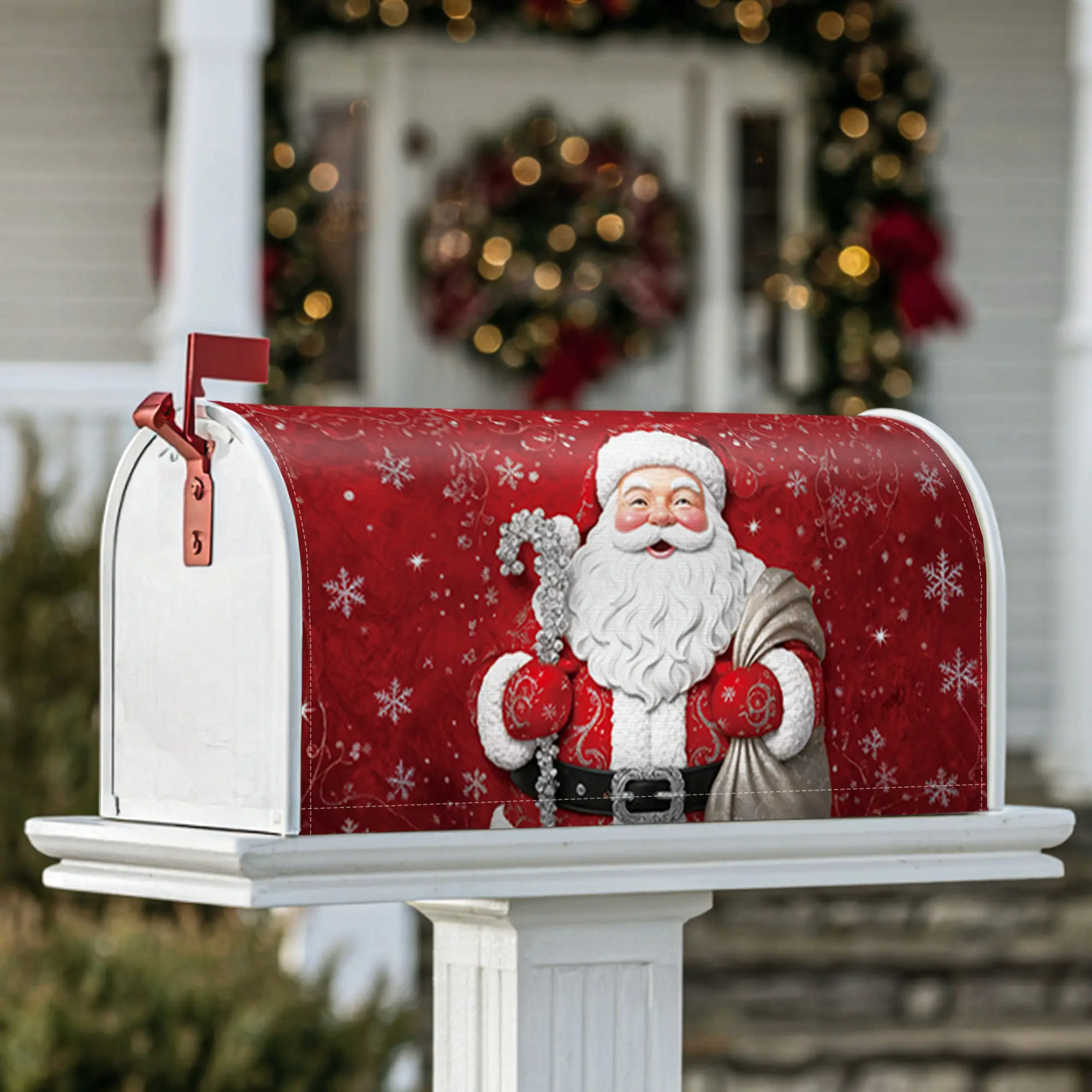 Santa Claus Magnetic Mailbox Covers, Christmas festive snowflakes red background Christmas red Mailbox Skin for Garden Patio Decor