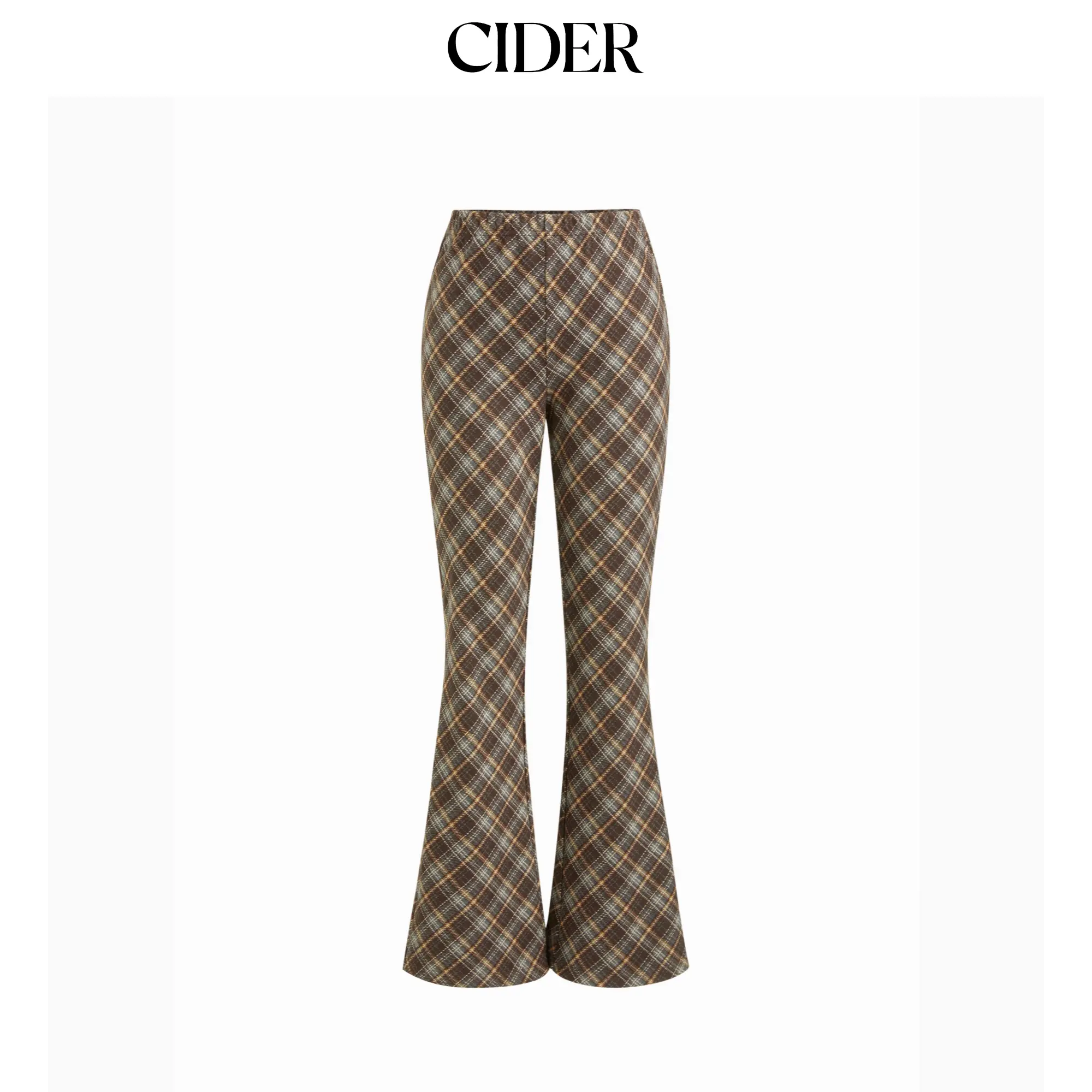 Cider Plaid Jacquard Mid Rise Elastic Waist Flared Trousers