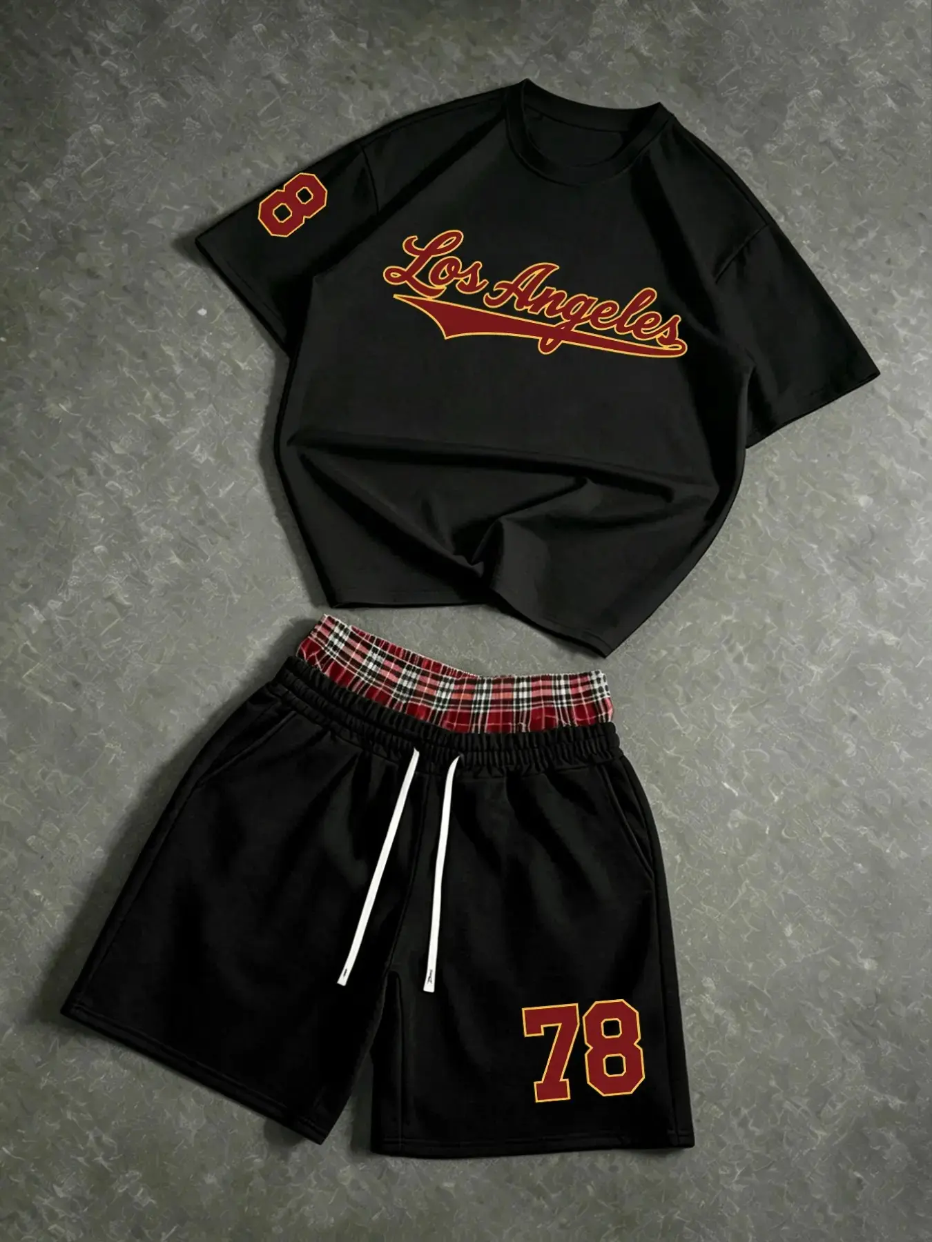 Los Angeles Retro Baseball Style Short Sleeve T-Shirt Set, Colorblock Number 78 Print, Loose Fit Casual Five-Quarter Shorts for Men