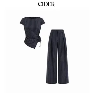 Cider Striped Boat Neck Short Sleeve Wrap Knotted Top & Mid Rise Straight Leg Trousers Set