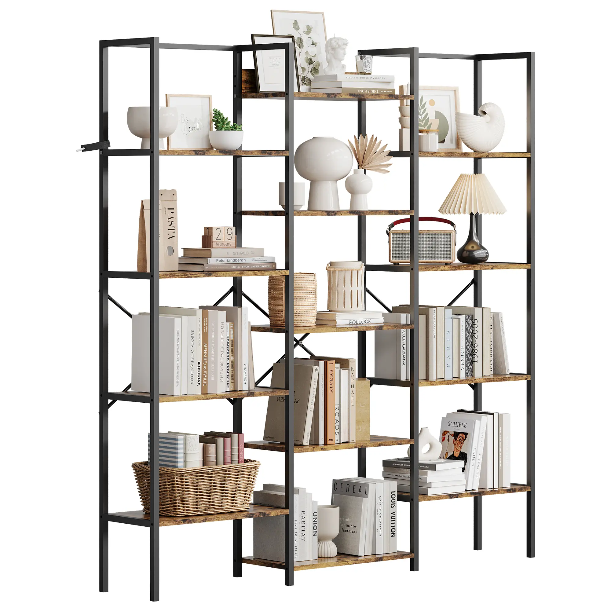 63.4-Inch Triple Wide 5-Tier Bookcase with 15 Adjustable Open Shelves, Industrial Bookshelf with 100 lb Capacity per Shelf, Heavy-Duty Metal Frame, X-Brace and Anti-Tip Kit for Living Room, Home Office, Bedroom, Library, Rustic Brown and Black