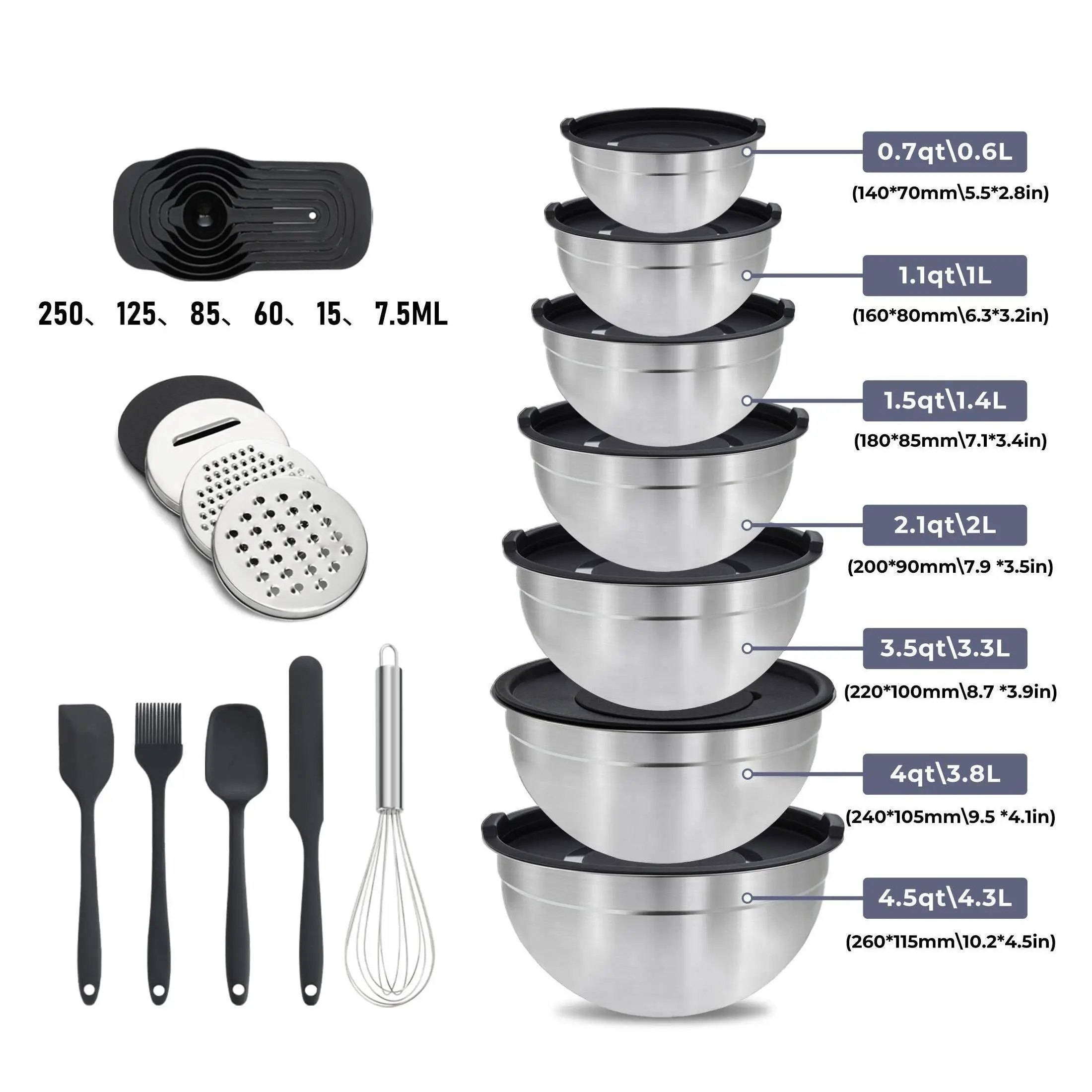 21-Piece Mixing Bowls Set with Airtight Lids 7 Stainless Steel Kitchen Bowls 3 Grater Attachments Multifunctional Prep Bowls for Baking Serving Cooking Food Storage Space Saving Nesting Bowls for Home Kitchen