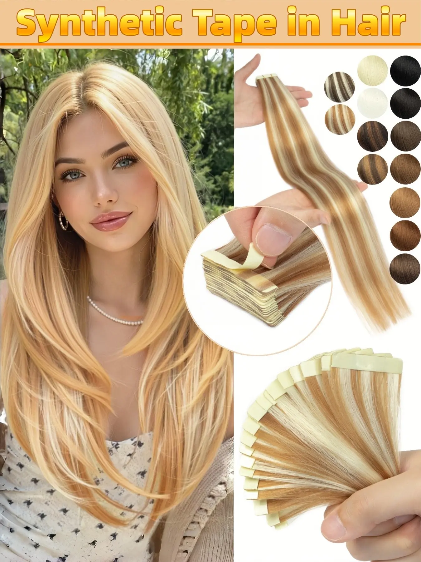 Synthetic Tape in Hair Extensions 20pcs/pack, Quick Attach and Remove, Ideal for Thin Hair, Multiple Colors, Perfect for Cosplay, Parties, Festivals