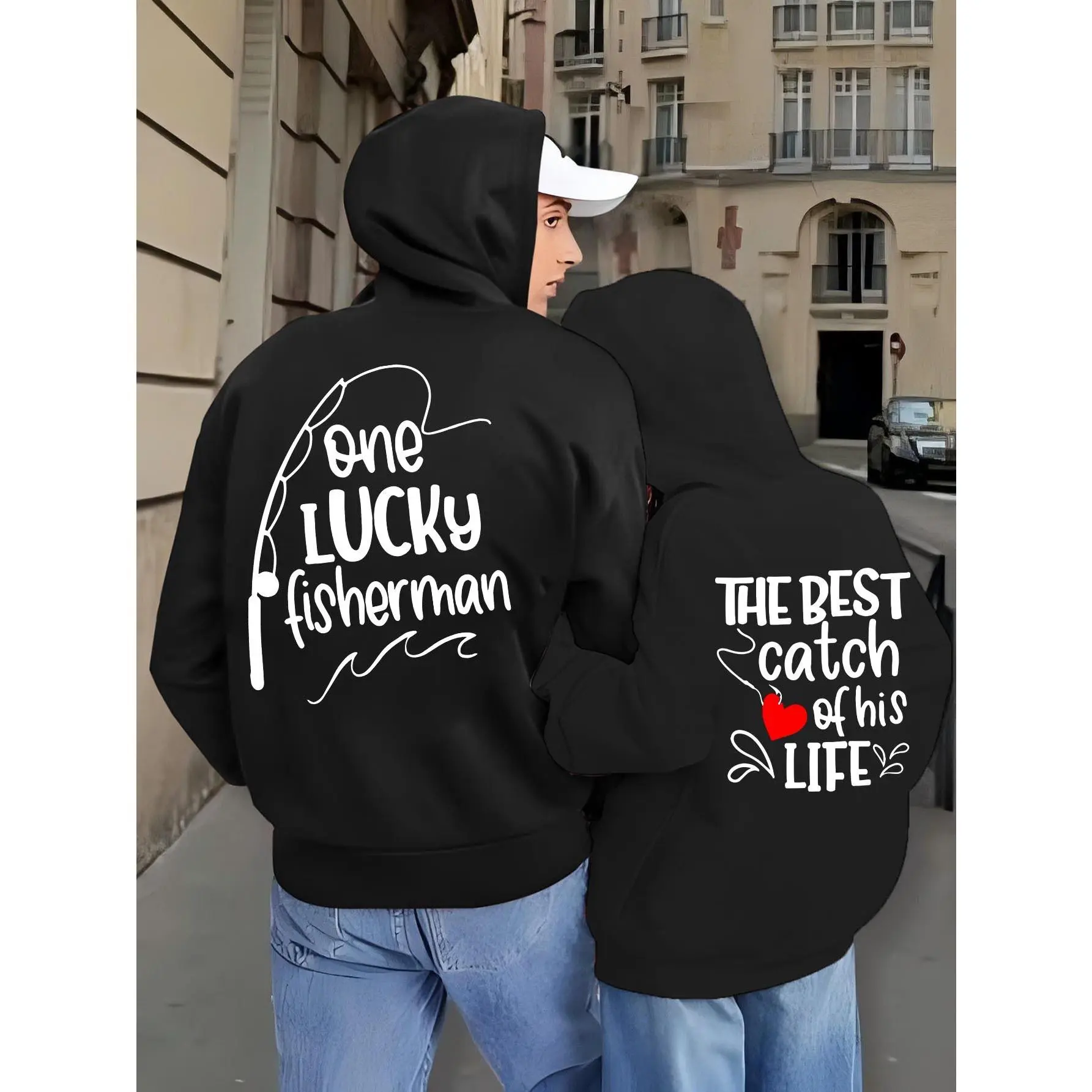 1PC One LUCKY Fisherman Hoodie - Perfect Gift for Your Special Someone this Valentine's Day, Casual Stylish Black Sweatshirt with Fun Fishing Graphic for Couples, Ideal for Walking in the City
