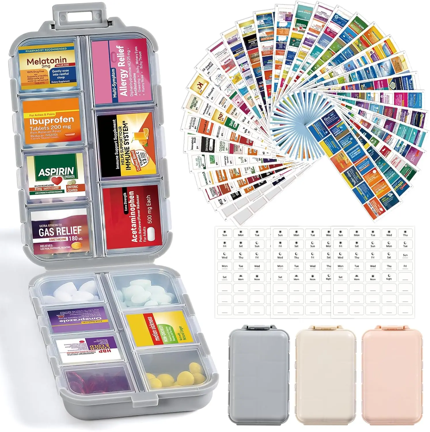 3-Pack Compact 14-Grid Travel Pill Organizer Kit, 415-Pcs Medicine Name Labels Included - Home Organizer Storage Case for Vitamins, Fish Oil Supplements, Kit Pack