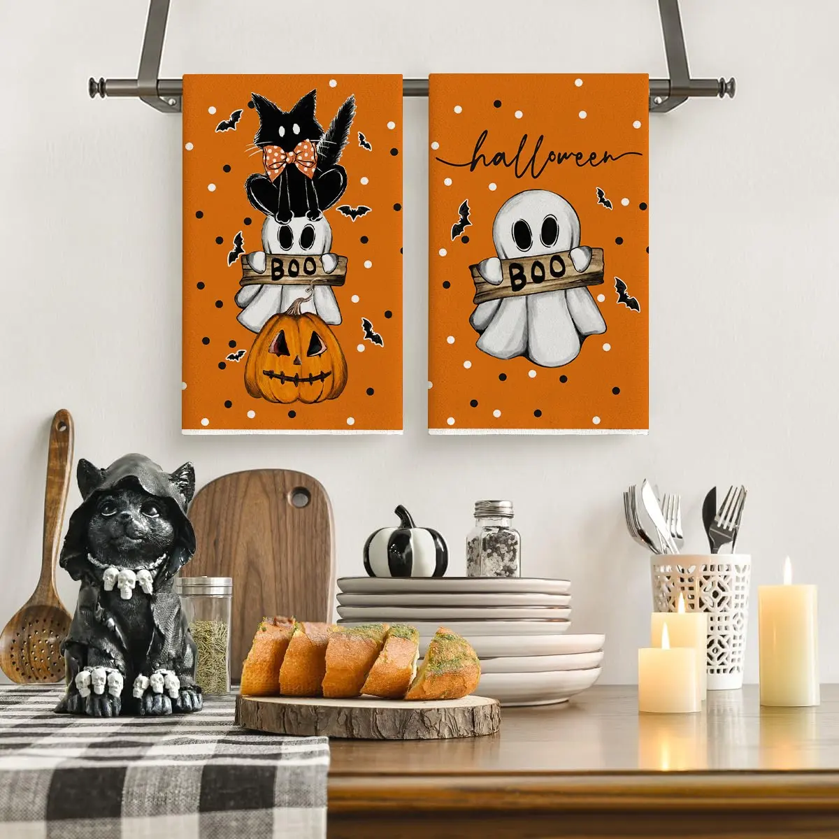2/4 Pcs Halloween Kitchen Towels, Spooky Black Cat, Ghost and Jack-o'-Lantern Printed Dish Towels, Trick-or-Treat Polka Dot Decor Tea Towels, Water Absorbent Cleaning Towels, Halloween Home Kitchen Decor Towel Sets, Halloween Party Decorations