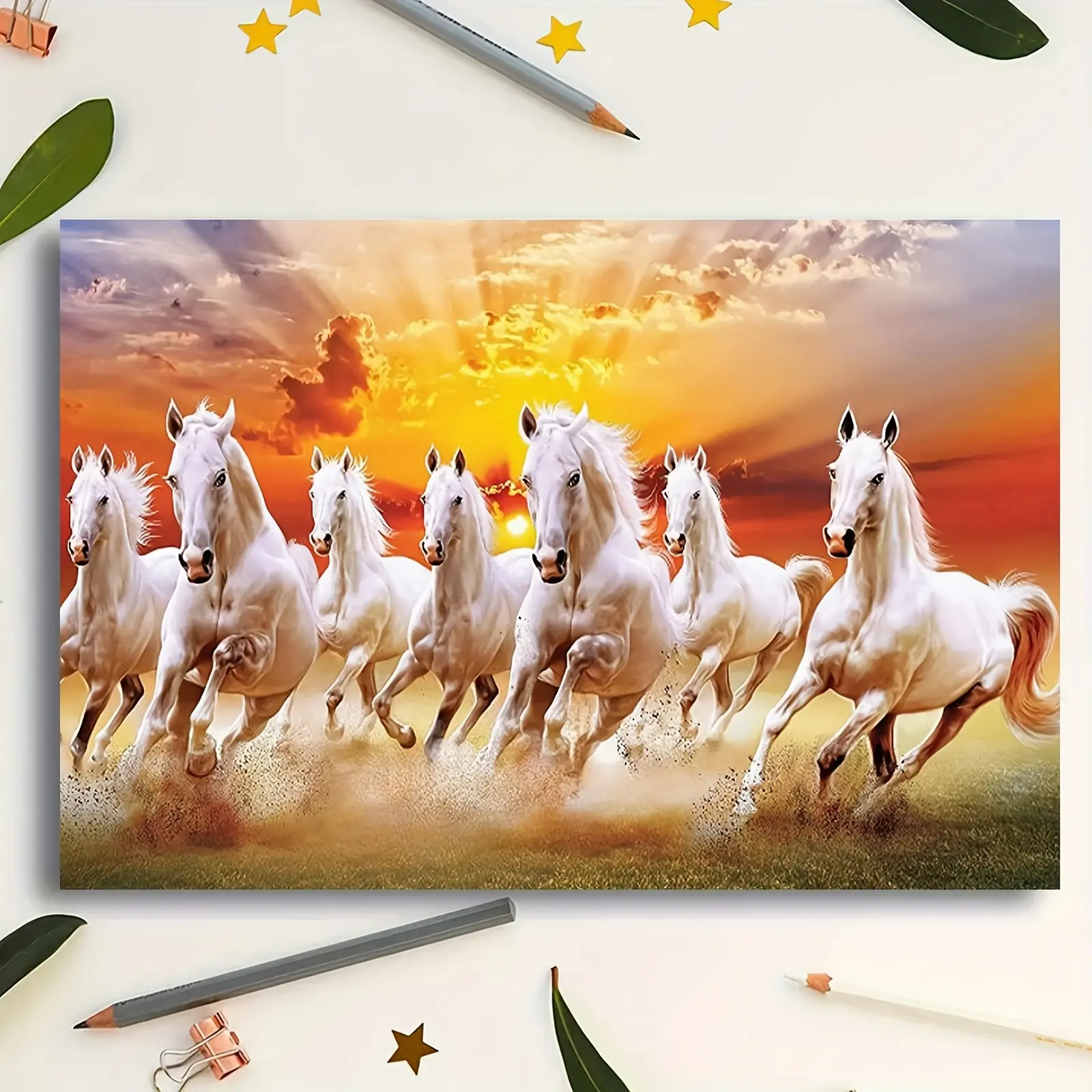 7 Lucky Running White Horses At Sunset Energetic Animal Canvas Wall Art - Framed, Ready To Hang - For Living Room, Office - Perfect Housewarming, Christmas, New Year Gift - Home Decor Poster Print