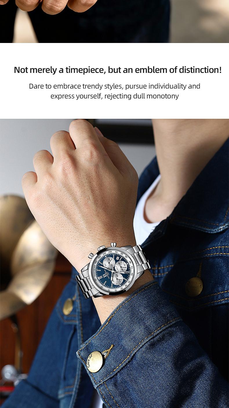 Men's Luxury Blue Dial Chronograph Quartz Watch - Stainless Steel Wristwatch with Tachymeter, Date Display, Multi-Function Subdials, Elegant Business Sport Dress Watch, Perfect Gift for Husband Dad Boyfriend