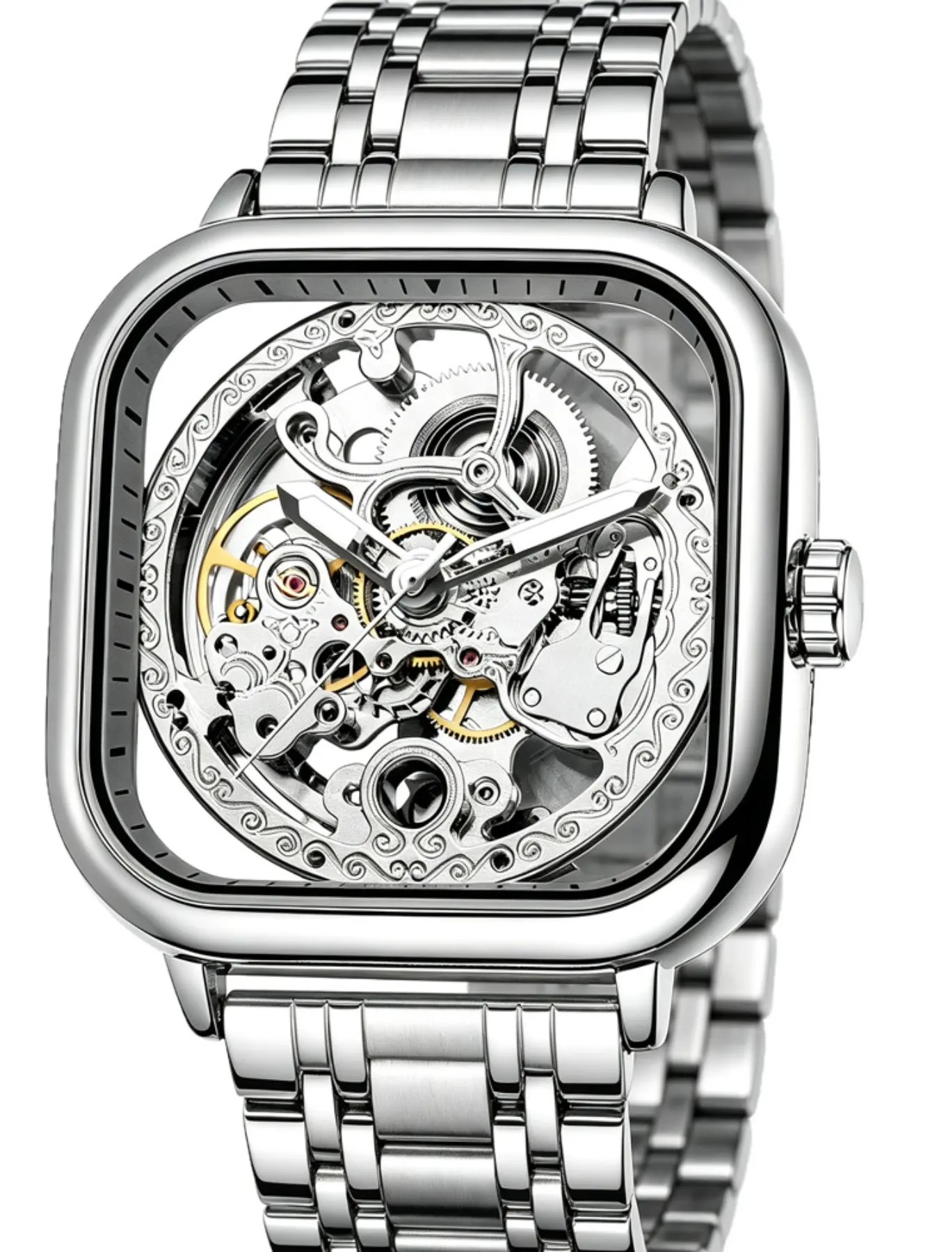 Goldenhour Silver Color Mechanical Luxury Men's Watch, Alloy Case, Steel Strap, Hollow Design, Elegant Analog Face, All Seasons