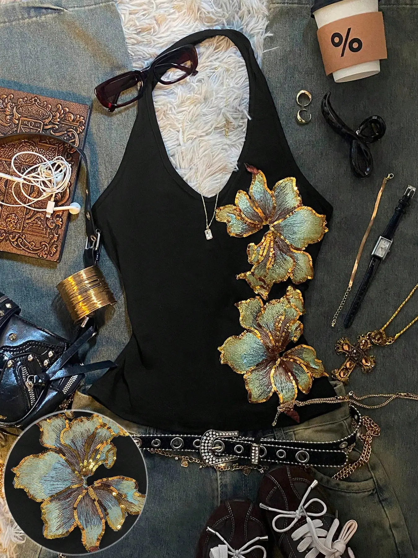 Women Black Halter V-Neck Embroidered Floral Appliqué Sleeveless Fitted Tank Top, Y2K Grunge Chic Trendy Casual Summer Top for Streetwear, Party, Daily