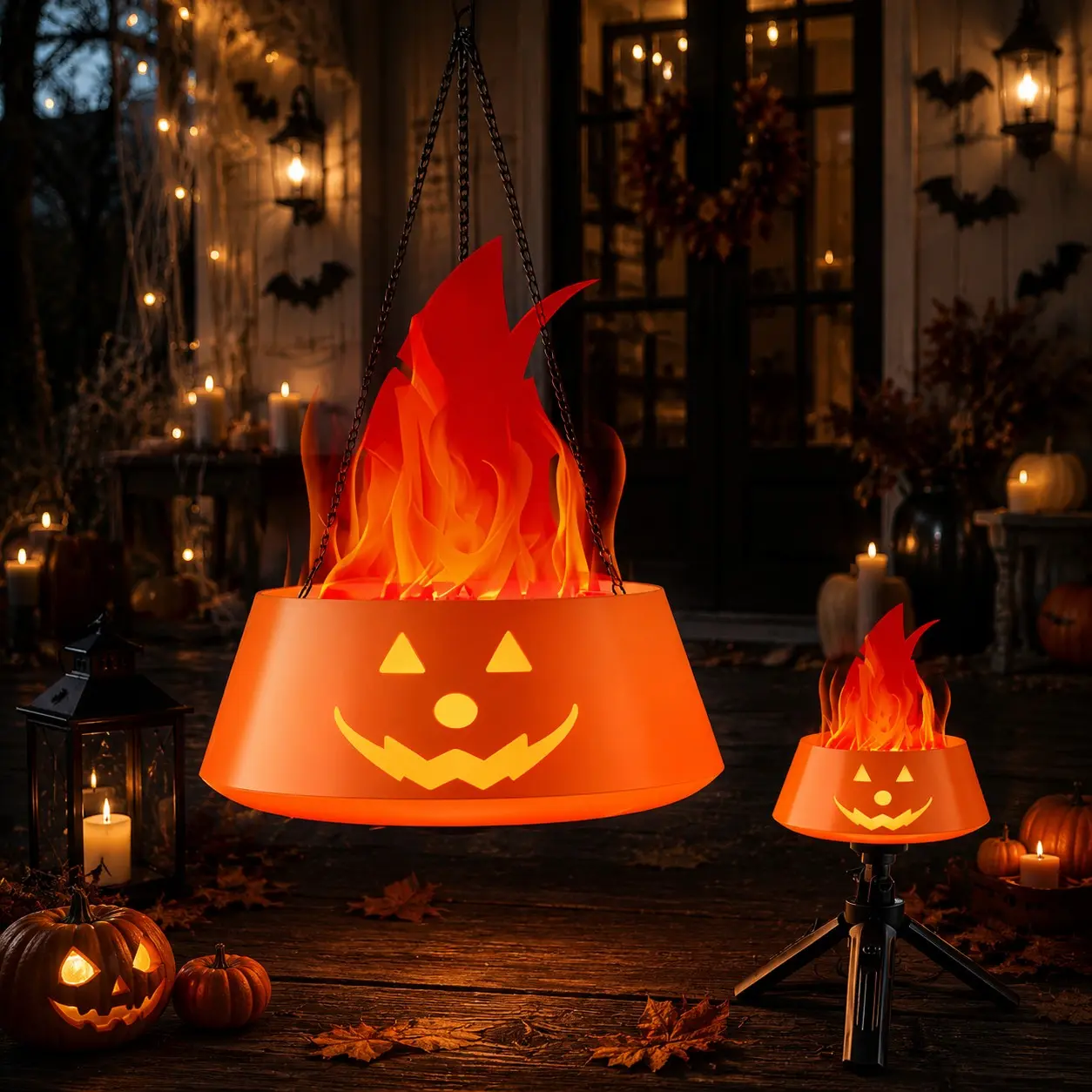Halloween Pumpkin Flame Lamp with 3D Fire Effect, LED Light Hanging Pumpkin Decor with Chain, Spooky Halloween Decorations for Home, Porch, Party & Yard, Creepy Festival Atmosphere Decor Gift
