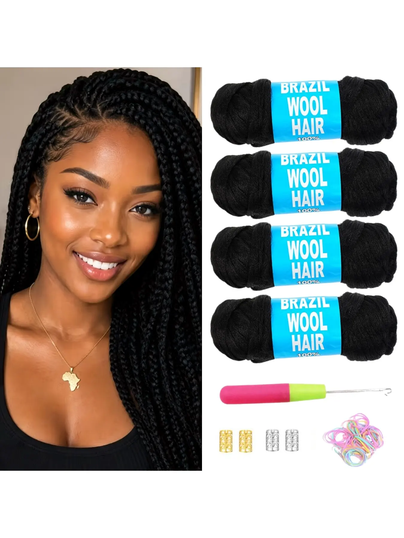 4Pcs/8Pcs Natural Black Brazilian Wool Hair for Braiding Hair Acrylic Yarn Crochet Box Braids Senegalese Twist Jumbo Braids Faux Locs Crochet Hair for Women Synthetic Braiding Hair Extensions  Wool Braiding Hair for Women Synthetic Extensions