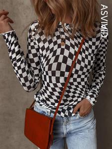 women's checkered mesh mock neck long sleeve top, stylish fitted for all season, ladies casual clothes