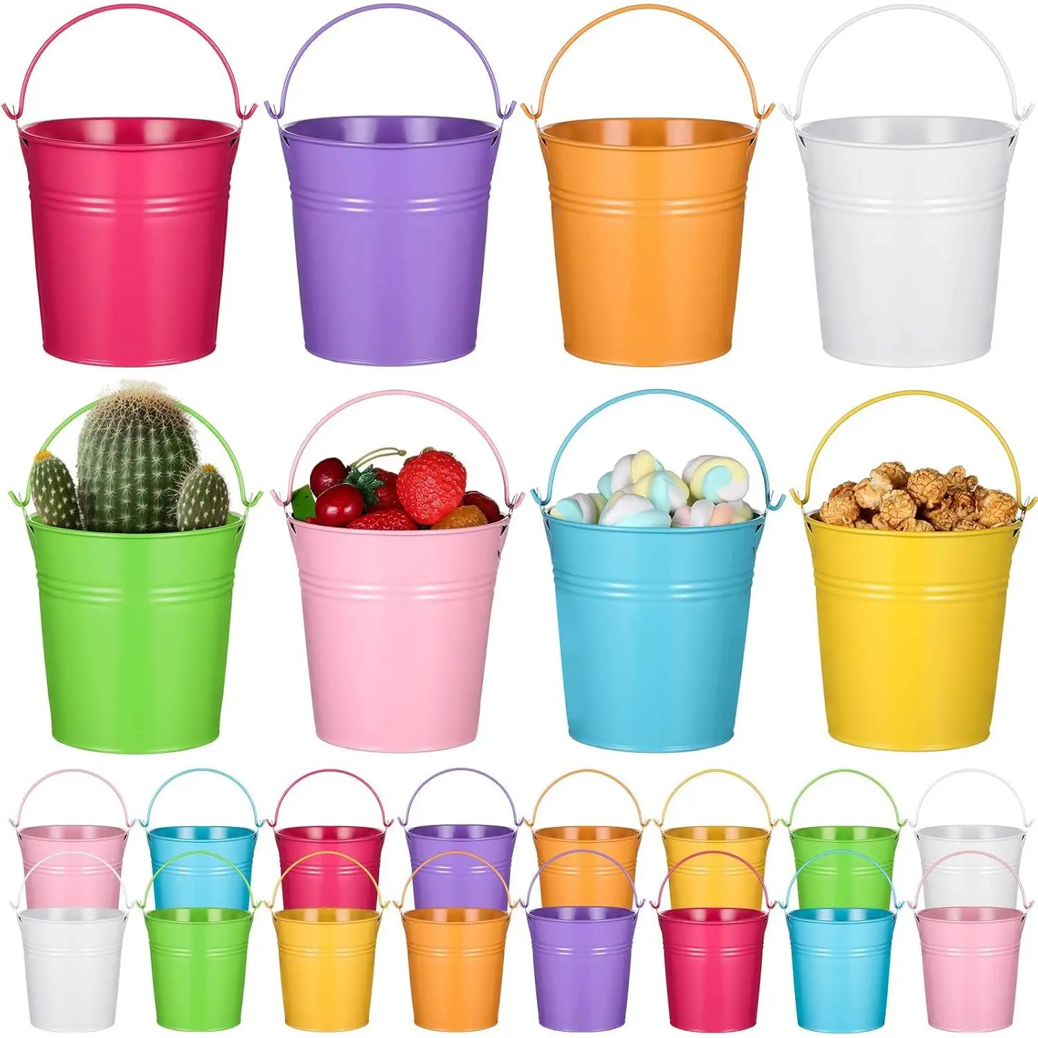 24 count Small Metal Buckets Mini Candy Bucket Colored Galvanized Pail Party Favor  for Sweet Snack Holder  Crafts Halloween Christmas Birthday (Candy Color,5.71 Inch,with Handle)