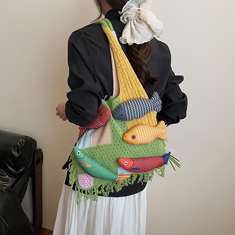 2026 New Niche Versatile Fashion Patchwork Personality Fish Handbag Knitted Tote Bag for College Students, Large Capacity Women's Bag for Class and mute