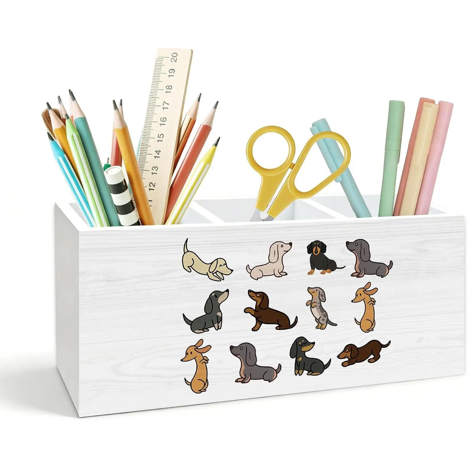 Wooden Dachshund Pen Holder - Pen Storage Organizer with 3 Compartment, Smooth Finish, Artistic Touch & Decorative Look, Weiner Gifts for Dachshund Lovers, Office Desk Accessories