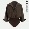 Women's Casual Versatile Striped Print Drop Shoulder Patchwork Pocket Bodysuit, Spring and Summer Wear, Aesthetic Womenswear