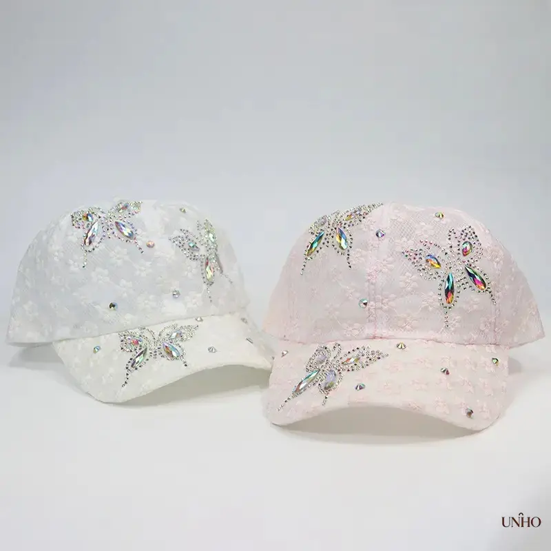 Unisex Butterfly Rhinestone Mesh Trucker Sun Cap, Adjustable Breathable Trendy Statement Tennis Hat For Summer Outdoor Sports