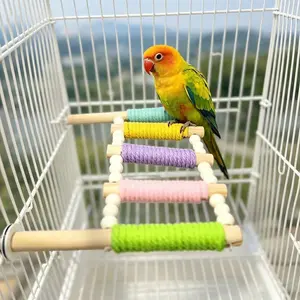 1PC Anti-slip Vibrant Multi-Tone Rope Parrot Climbing Ladder Bird Toy, Sturdy Wood Cage Bird Perch Frame, Exercise Enrichment Ornament for Budgies Cockatiels Parakeets, Indoor Aviary Decoration Supplies Birdcage Accessory