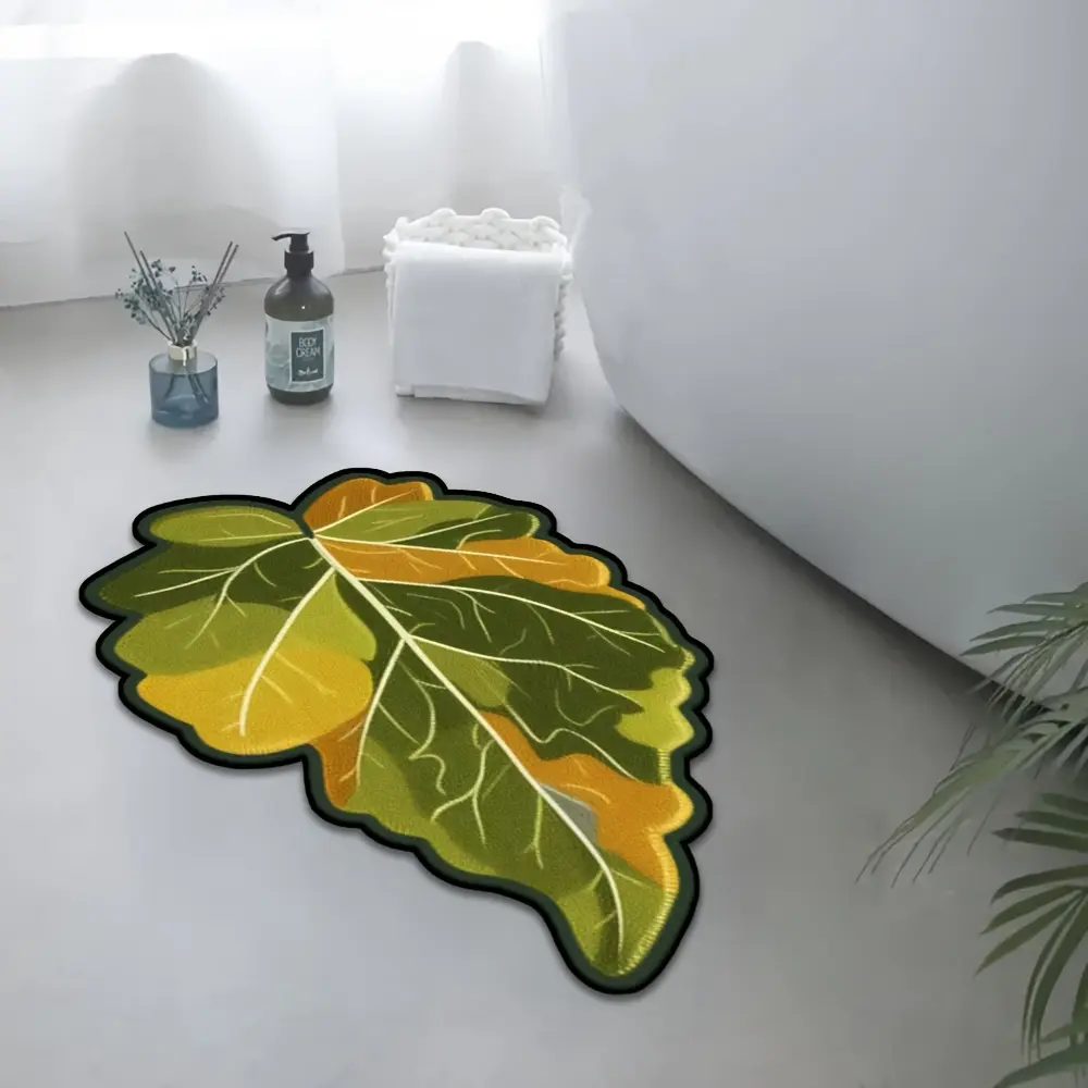Polyester Knit Raschel Bath Mat, 1pc Irregular Green Leaf-Shaped Rug (950g/sq m Weight, 6.8mm Thickness, Soft Texture) for Living Room Decor, Bathroom Home Supply
