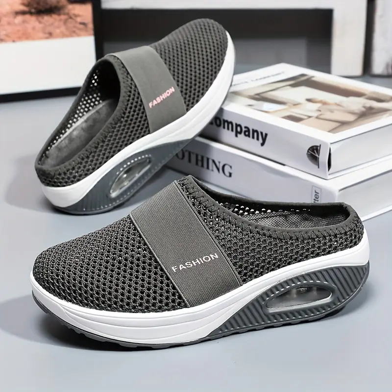 Women's Solid Color Mesh Platform Slip-On Walking Shoes - Breathable Half-Drag Soft-Sole Casual Footwear for Home, Plus Size