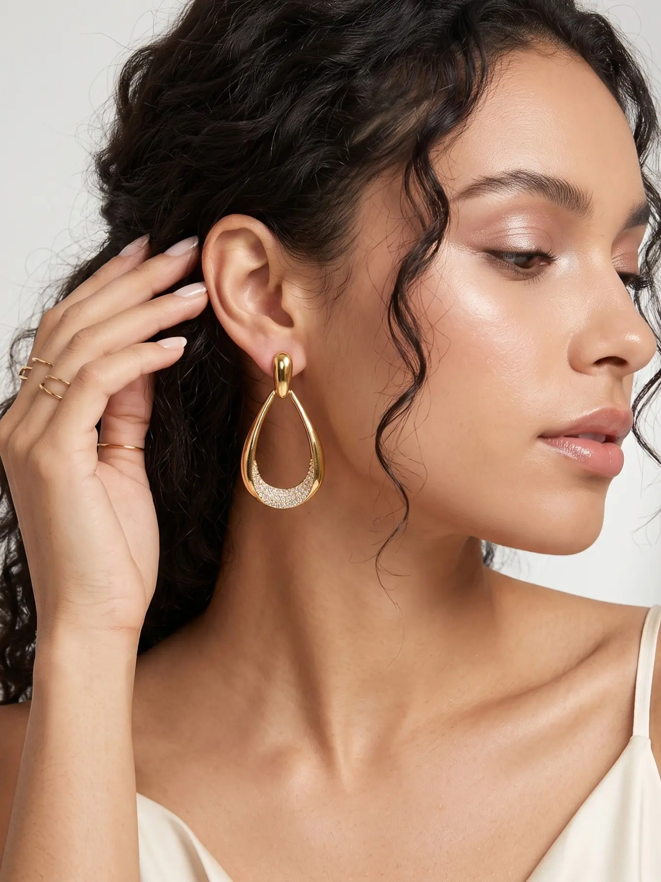 Unique Design Micro-Set Artificial Zircon Large Teardrop Stud Earrings, French Vintage Geometric Ear Cuffs, Casual Party Jewelry