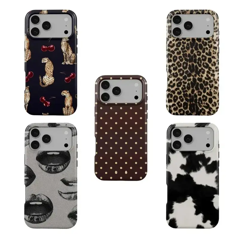 Chic Cheetah Cherry Print, Leopard Pattern Phone Case for iPhone 17 ProMax Plus Air 16 15 14 13 12 11, Aesthetic Protective Cover Tough Phone Case Unique gift options